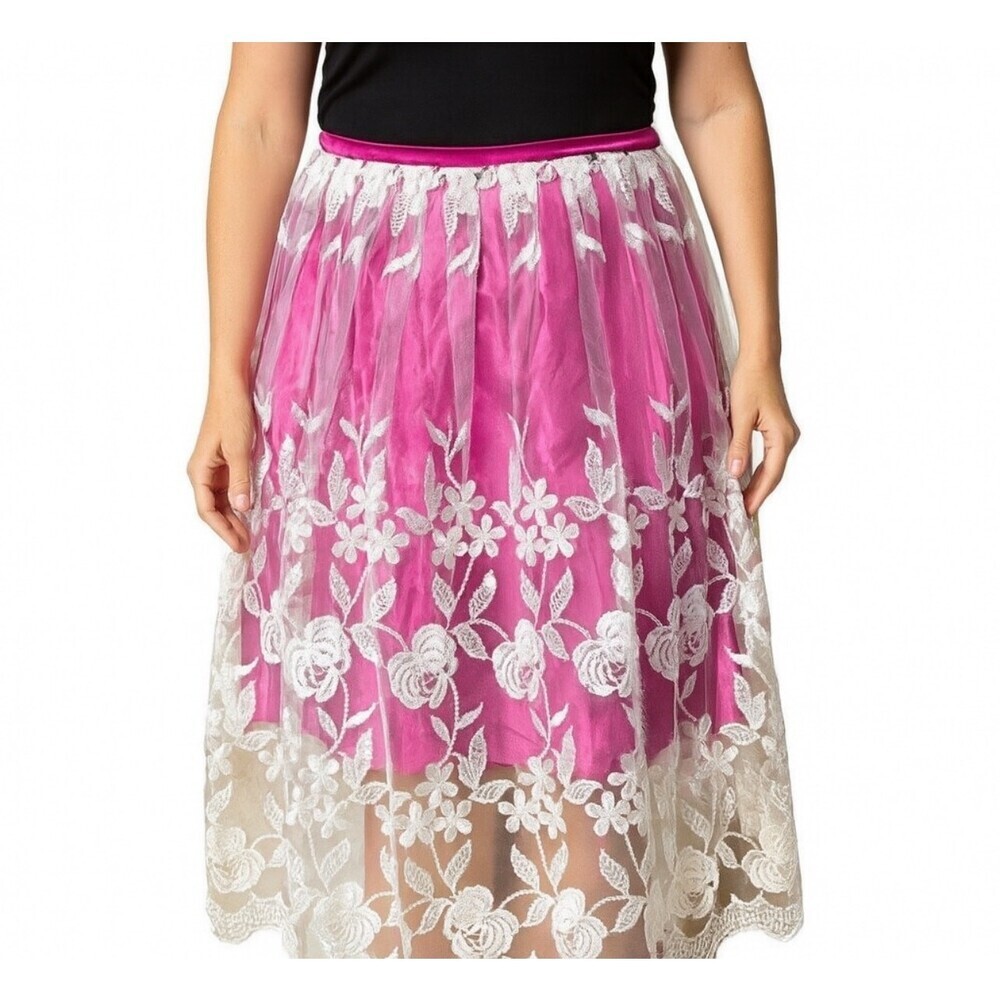 By deep los angeles midi skirt Pink satin pleated knee length skirt with lace MD